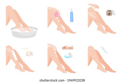  Leg depilation step by step.instructions.  Vector illustration for magazines and banners. Waxing leg instruction. Hair removal with wax guide. Skincare and beauty. 