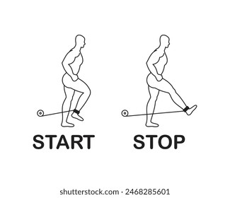 Leg exercise bending at the knees, athletic exercise on a gym simulator, line drawing of a person doing sports.