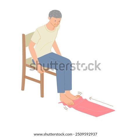 Leg exercise: Senior man doing towel gathering while sitting on chair
