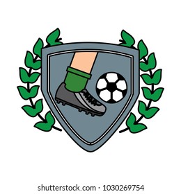 leg foot kicking soccer ball inside shield emblem