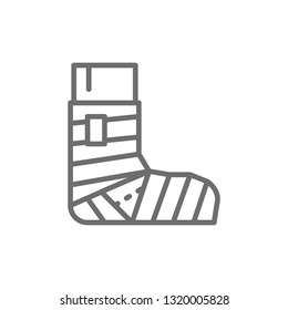 Leg fracture, plaster, elastic bandage line icon.