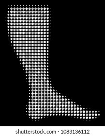 Leg halftone vector icon. Illustration style is pixel iconic leg symbol on a black background. Halftone texture is build from spheric cells.