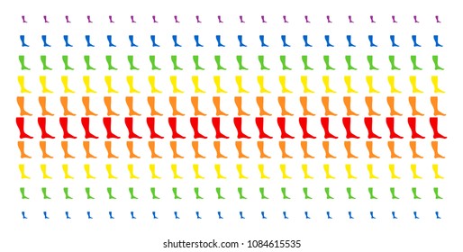 Leg icon rainbow colored halftone pattern. Vector pictograms organized into halftone grid with vertical spectrum gradient. Designed for backgrounds, covers, templates and abstract effects.
