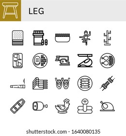 leg icon set. Collection of Stool, Bacon, Analgesic, Minced meat, Ballet, Coat stand, Chicken wings, Steak, Ham, Chicken leg, Joint, Mutton, Ribs, Spinal board, Chicken icons