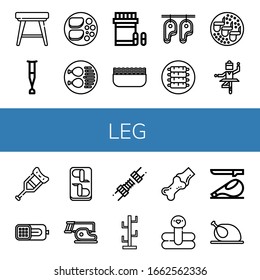 leg icon set. Collection of Stool, Crutch, Chicken breast, Chicken leg, Analgesic, Minced meat, Steak, Ribs, Chicken wings, Ballet, Ham, Joint, Coat stand, Flamingo, icons