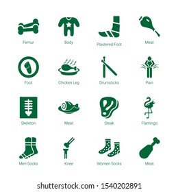 leg icons. Editable 16 leg icons. Included icons such as Femur, Body, Plastered foot, Meat, Foot, Chicken leg, Drumsticks, Pain, Skeleton, Steak, Flamingo. trendy icons for web.