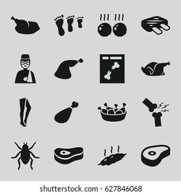 Leg icons set. set of 16 leg filled icons such as beetle, tights, chicken, beef, x ray, man with broken arm, meat