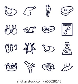 Leg icons set. set of 16 leg outline icons such as beetle, tights, chicken, beef, x ray, man with broken arm, meat