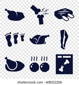 Leg icons set. set of 9 leg filled icons such as tights, chicken, x ray, broken leg or arm, meat