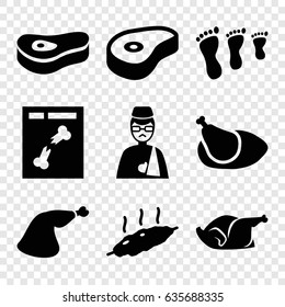 Leg icons set. set of 9 leg filled icons such as chicken, meat leg, beef, x ray, man with broken arm, meat