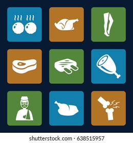 Leg icons set. set of 9 leg filled icons such as tights, chicken, man with broken arm, broken leg or arm