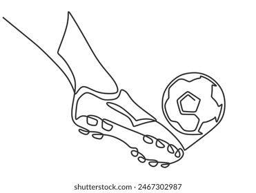 Bein-Kick-Ball in einem durchgehenden Single-Line-Art-Zeichnungsstil. Vektorillustration des Fußballsportkonzepts.