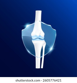 Leg knee joint with transparent glass shield in front on blue background. Vitamins and minerals calcium magnesium protect bone cartilage. Vector EPS10.