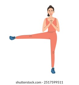 Leg lift exercise vector isolated. Woman in fitness clothes doing sport exercise. Active lifestyle, leg training. Strong female character showing correct posture.
