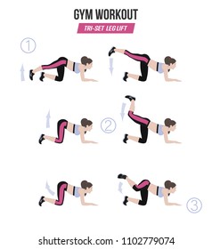 Leg lifts. Tri-set. Sport exercises. Exercises with free weight. Illustration of an active lifestyle. Vector.