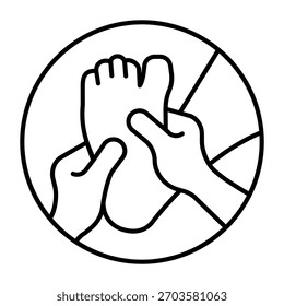 Bein und Masseur Hände dünne Linie Symbol, Spa-Massage-Konzept. Vektorgrafiken. Massenkunst für menschlichen Fuß, Therapiezeichen auf weißem Hintergrund, Umrissstil-Symbol für Mobil- oder Webdesign