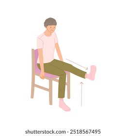 Leg muscle training: Senior women sit on a chair, straighten their knees and raise one leg