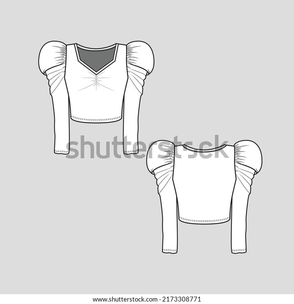Leg of Mutton Sleeve Crop  top V\
Neck Ruched detail puff Gathering Long Sleeve cropped fashion T\
shirt blouse flat sketch technical drawing template design\
vector