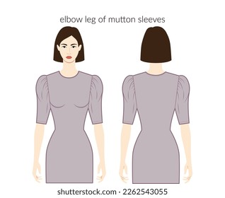 Leg of mutton sleeves clothes character beautiful lady in grey top, shirt, dress technical fashion illustration with elbow length. Flat apparel template front, back sides. Women, men unisex CAD mockup