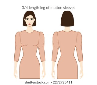 Pierna de mangas de carnero de carnero de ropa hermosa dama desnuda, camisa, vestir ilustración de moda técnica con 3-4 longitud de la pulsera. Plantilla de ropa plana delante, atrás. Hombres mujeres unisex maquillaje CAD