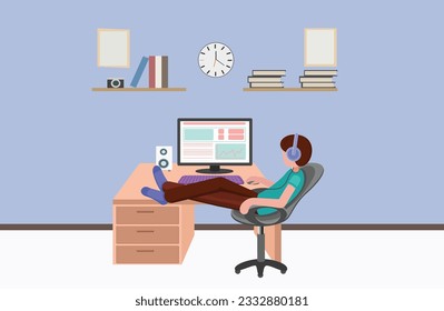 Leg on Desk and Remote Worker Working in Computer as Freelancer with Hearing song with Headphone, Using Computer, Remote job, Work from Home, Home Office workstation. Freelance Work with Relaxation.