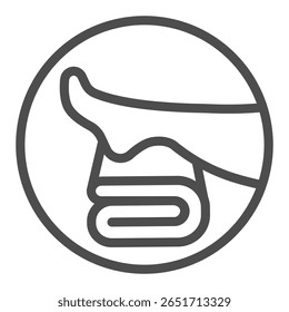 Leg on towel line icon, spa massage concept. Vector graphics. Towel with woman leg, foot therapy bubble sign on white background, outline style icon for mobile or web design