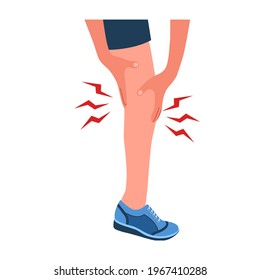 Leg pain concept vector illustration on white background. Sport man feel hurt in leg. Muscle or bone problem.