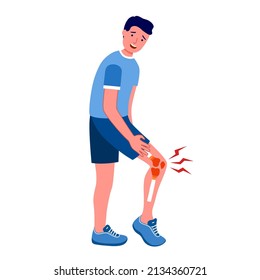 Leg Pain Concept Vector Illustration On White Background. Sporty Man Feel Hurt In Leg. Bone Or Muscle Problem.