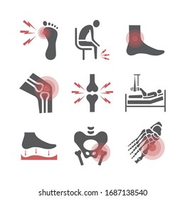 Leg pain. Foot problems. Vector signs for web graphics.