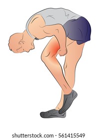 Leg pain, pain in the hip,  sports tram man holding his leg, color vector drawing on the theme of pain, medicine.