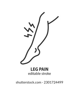 Leg pain line icon. Shin hurts. Symptom of varicose veins vector outline symbol. Editable stroke.