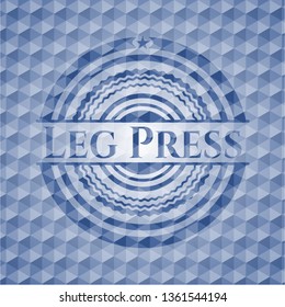 Leg Press blue emblem or badge with geometric pattern background.