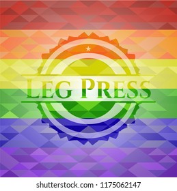 Leg Press emblem on mosaic background with the colors of the LGBT flag