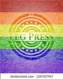 Leg Press emblem on mosaic background with the colors of the LGBT flag
