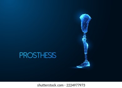 Leg prosthesis in futuristic glowing low polygonal style isolated on dark blue background. Orthopedic bionic treatment technology concept. Modern abstract connection design vector illustration.