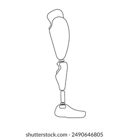 Leg prosthesis line art, artificial foot for orthopedic rehabilitation, bionic implant, exoskeleton. Outline symbol