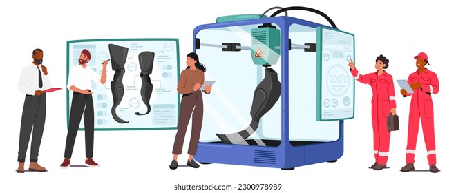 Leg Prosthesis Undergoes High-temperature Testing In A Glass Chamber To Ensure Its Durability And Resistance To Heat. Engineers and Fire Safety Workers Control Process. Cartoon Vector Illustration