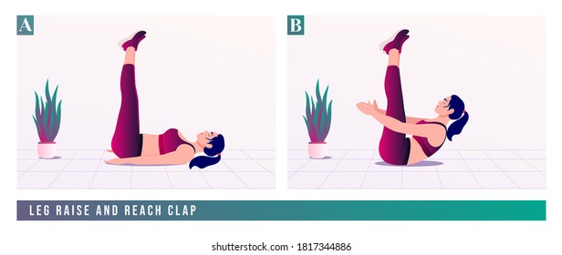 Leg Raise and Reach Clap exercise, Women workout fitness, aerobic and exercises. Vector Illustration.	