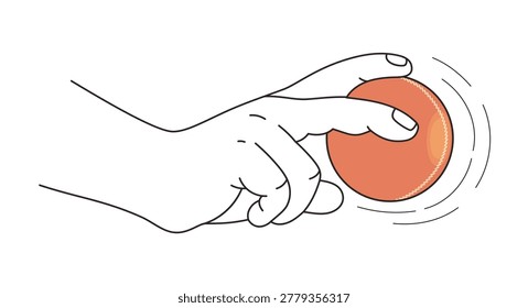 Leg Spin Cricket Bowling Release Technique. Red Leather Ball Grip Side View. Professional Athlete Hand Position for Wrist Spin. Minimalist Vector Illustration