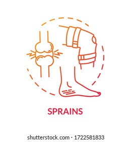 Leg sprains concept icon. Traumatism, muscles injury scheme. Tendon trauma, limb inflammation, healthcare idea thin line illustration. Vector isolated outline RGB color drawing