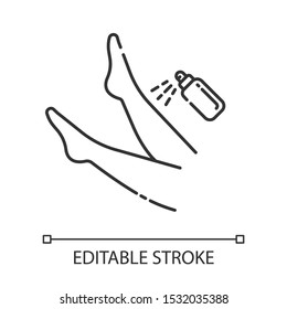 Leg spray linear icon. Shin hair removal process step. Moisturizing, skin care after depilation. Thin line illustration. Contour symbol. Vector isolated outline drawing. Editable stroke