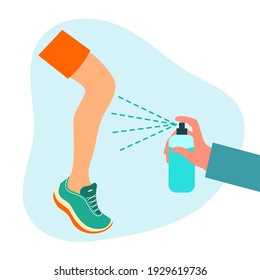 Terapia de pulverización de las piernas. Rociando la pierna de los atletas para aliviar el dolor. Problema muscular o ejercicio lesionado tratamiento corporal médico.