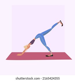 Leg up. Yoga pose. Young woman practicing yoga. Fitness woman workout, aerobics and stretching exercises. Vector illustration.
