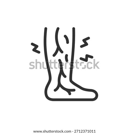 Leg with vein pain marks, linear icon. Varicose discomfort and vascular issue. Line with editable stroke.