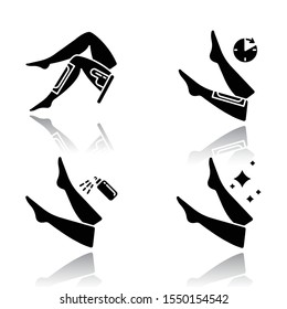 Leg waxing drop shadow black glyph icons set. Shin hair removal with natural cold, hot wax process. Female body depilation steps. Professional beauty treatment at home. Isolated vector illustrations