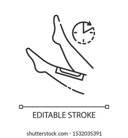 Leg waxing linear icon. Shin hair removal procedure step. Applying natural cold wax strip, waiting process. Thin line illustration. Contour symbol. Vector isolated outline drawing. Editable stroke