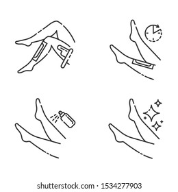 Leg waxing linear icons set. Shin hair removal with natural cold, hot wax process. Female body depilation steps. Thin line contour symbols. Isolated vector outline illustrations. Editable stroke