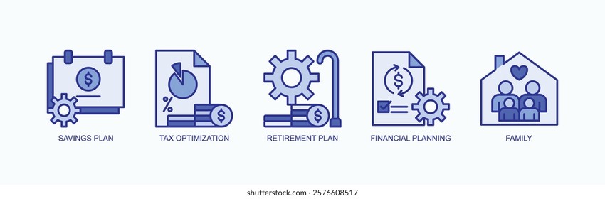 Legacy Building Icon Set Isolated Vector With Icon Of Savings Plan, Tax Optimization, Retirement Plan, Financial Planning, Family In Blue Style