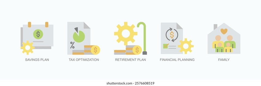 Legacy Building Icon Set Isolated Vector With Icon Of Savings Plan, Tax Optimization, Retirement Plan, Financial Planning, Family In Flat Style