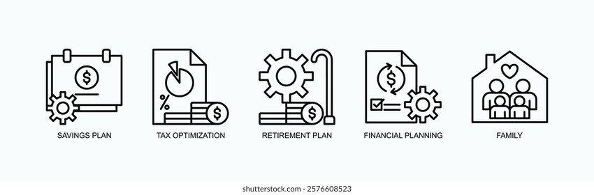 Legacy Building Icon Set Isolated Vector With Icon Of Savings Plan, Tax Optimization, Retirement Plan, Financial Planning, Family In Outline Style